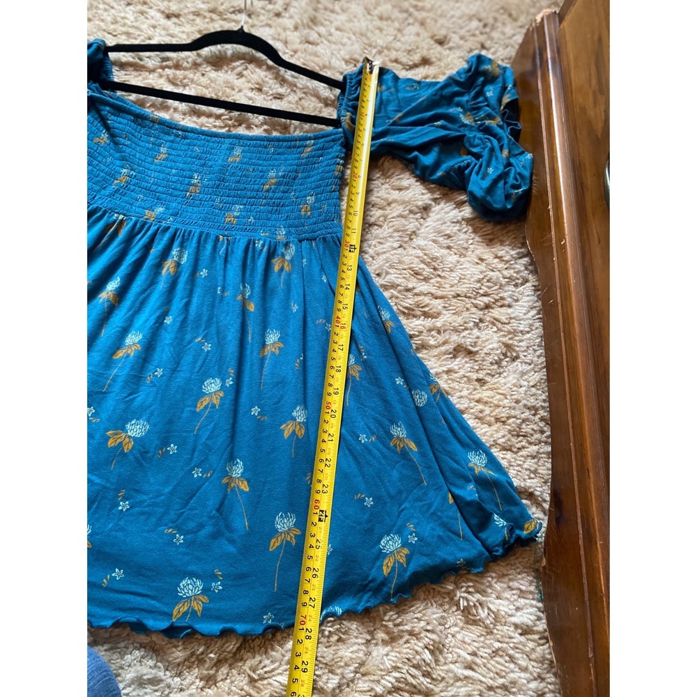 Free People Smocked Floral Top Bell Sleeve Bohemian Off Shoulder Teal Size SP - Picture 7 of 9